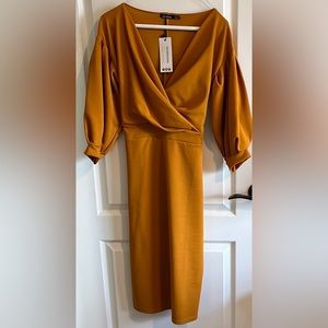Chic Boohoo faux wrap dress with puff sleeves in gold yellow Size 14 US